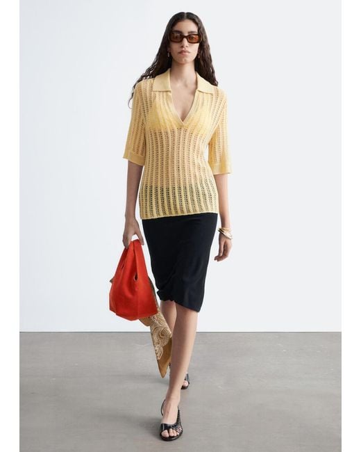& Other Stories Yellow Open-Knit Polo Top