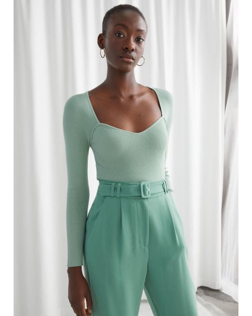 & Other Stories Green Fitted Cropped Sweetheart Neck Rib Top