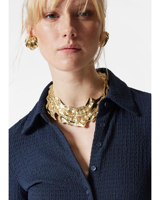 & Other Stories Blue Textured Long-Sleeve Poloshirt