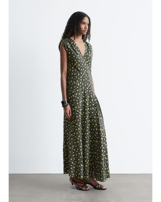& Other Stories Green V-Neck Silk Maxi Dress