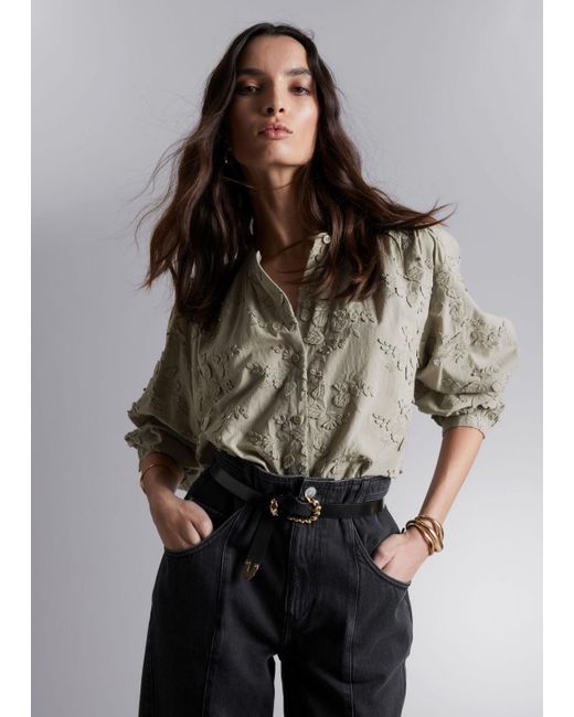 & Other Stories Gray Voluminous Stand-up Collar Blouse