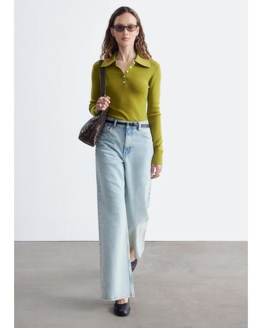 & Other Stories Green Rib-Knit Merino Wool Polo Top