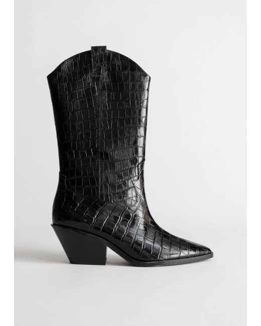 & Other Stories Black Croc Embossed Leather Cowboy Boots