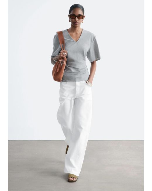 & Other Stories White Gathered V-Neck T-Shirt