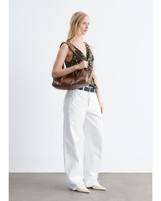 & Other Stories Green Printed Drawstring Silk Top