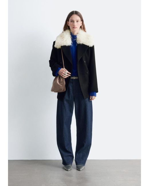 & Other Stories Blue Short Fur-Collar Wool Coat