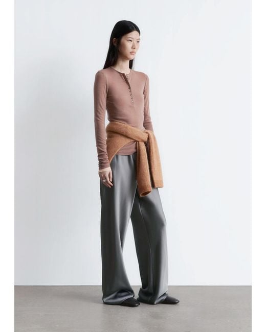 & Other Stories Gray Drawstring Satin Trousers
