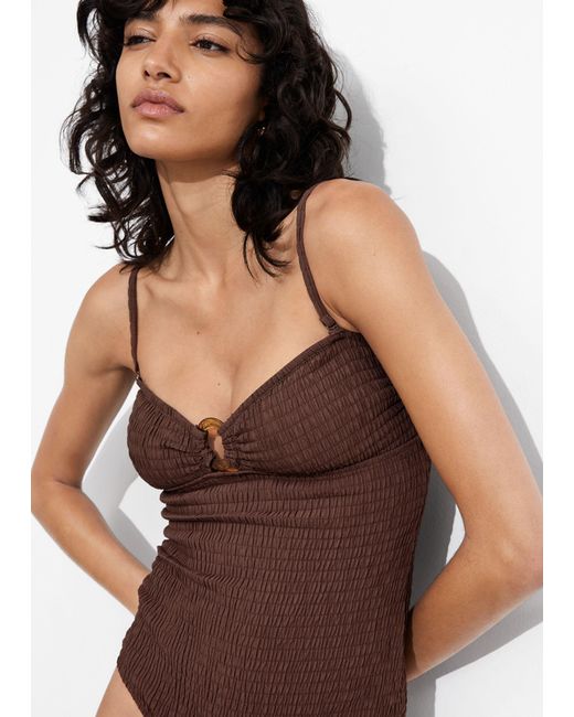 & Other Stories Brown Smocked Bandeau Swimsuit