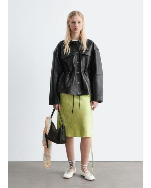 & Other Stories Black Drawstring-Waist Leather Jacket