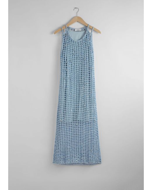 & Other Stories Blue Beaded Crochet Midi Dress