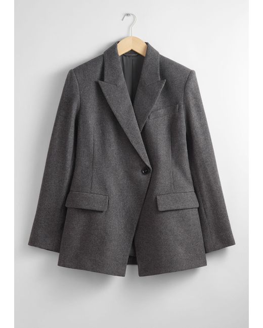& Other Stories Gray Fitted Asymmetric Wool Blazer