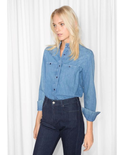 & Other Stories Blue Ruffle Collar Chambray Shirt