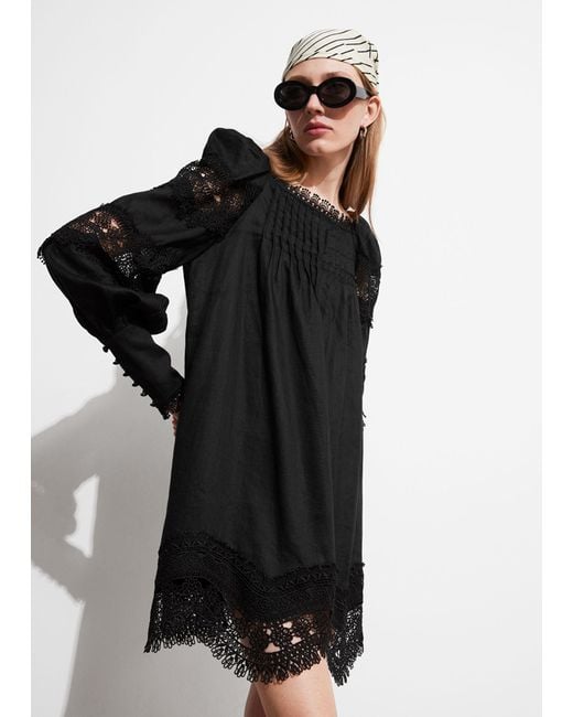 & Other Stories Black Lace-trimmed Mini Dress