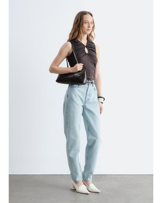 & Other Stories Black Ruched Keyhole-Neck Top
