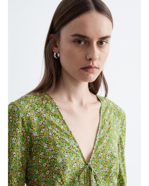 & Other Stories Green Floral V-Neck Midi Dress
