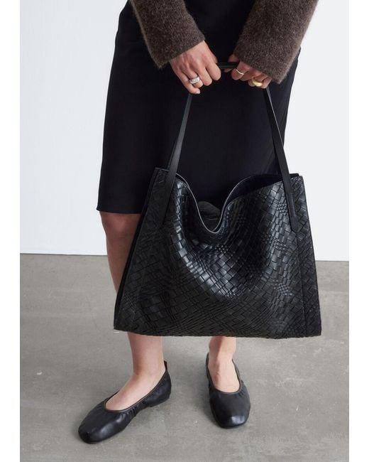 & Other Stories Black Open Braided Leather Tote
