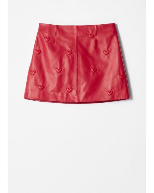 & Other Stories Red Heart-Embossed Leather Mini Skirt