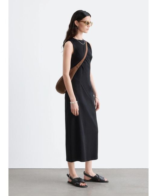 & Other Stories Black Fitted Cotton Jersey Midi Dress