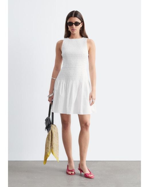 & Other Stories White Smocked Cotton Poplin Mini Dress