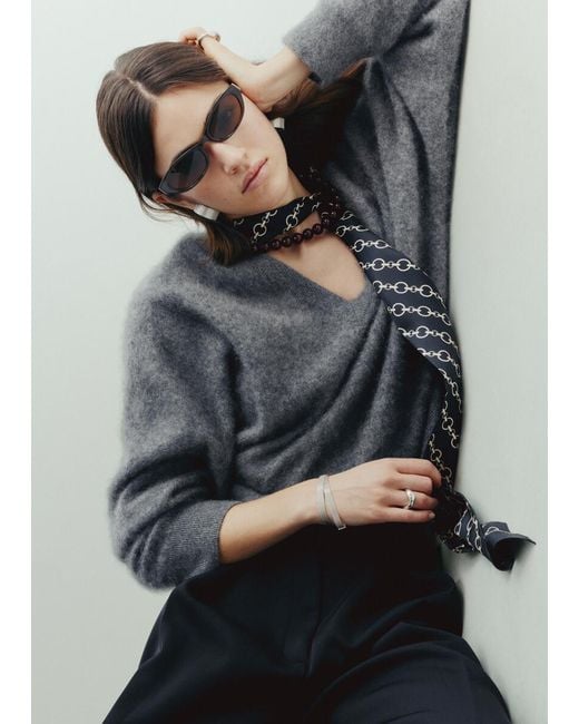 & Other Stories Gray Brushed Cashmere V-Neck Jumper