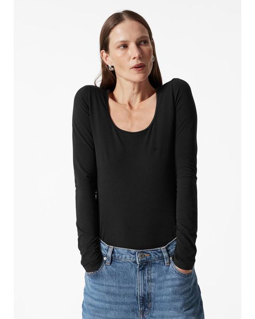 & Other Stories Black Langarmshirt Aus Jersey Mit Tiefem Ausschnitt