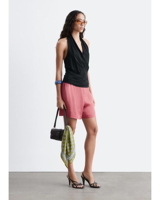 & Other Stories Red Satin Pull-On Shorts
