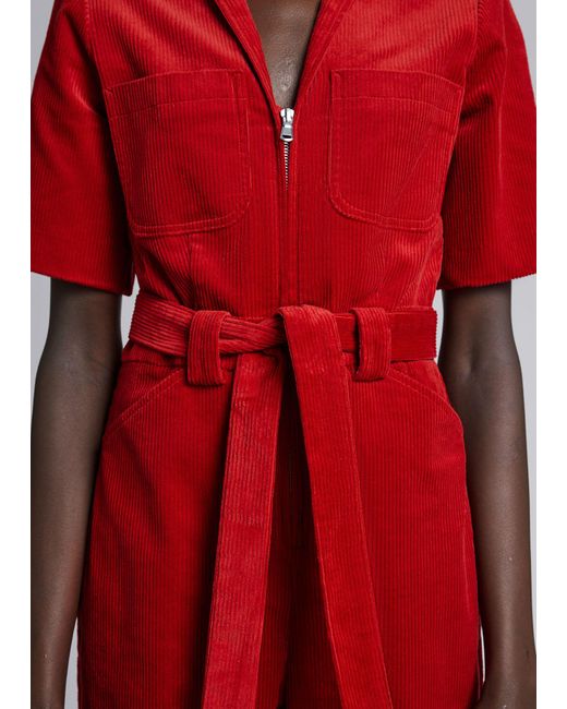 & Other Stories Red Belted Corduroy Jumpsuit