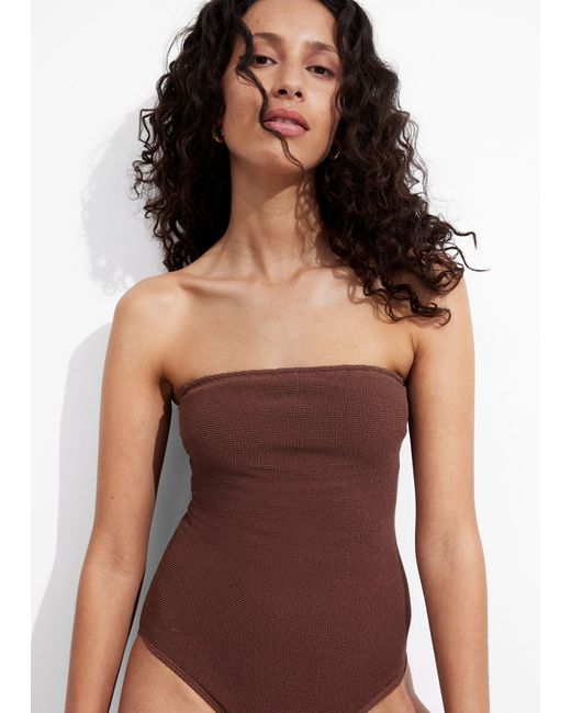 & Other Stories Brown Textured Bandeau Swimsuit