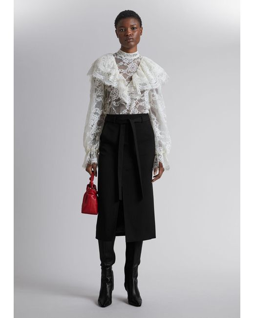 & Other Stories White Fitted Belted Midi Skirt