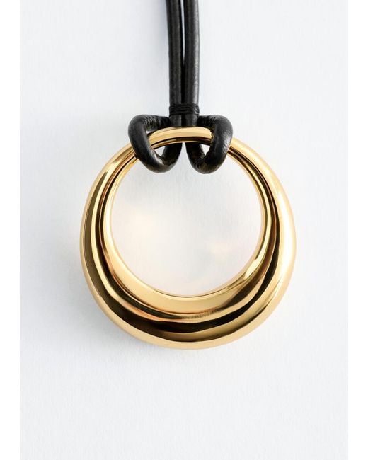 & Other Stories Black Ring-Pendant Leather Necklace