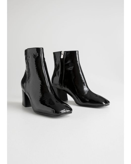 & Other Stories Black Patent Square Toe Ankle Boots