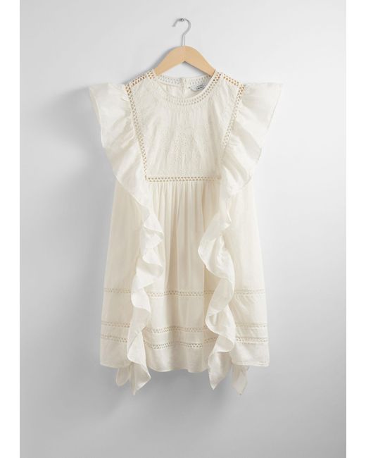 & Other Stories Natural Embroidered Ruffle Mini Dress