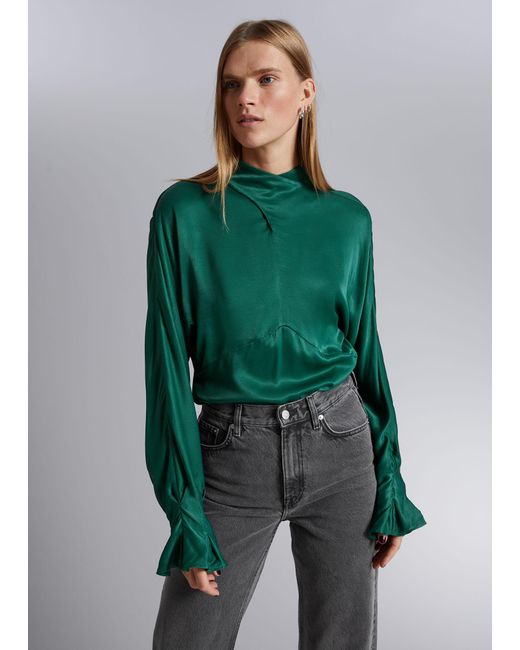 & Other Stories Green Tie-neck Satin Blouse