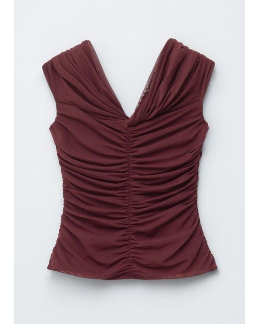 & Other Stories Red Ruched V-Neck Mesh Top