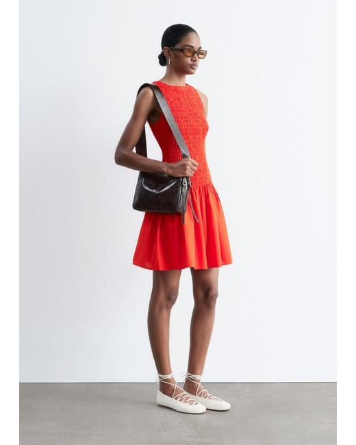 & Other Stories Red Smocked Cotton Poplin Mini Dress