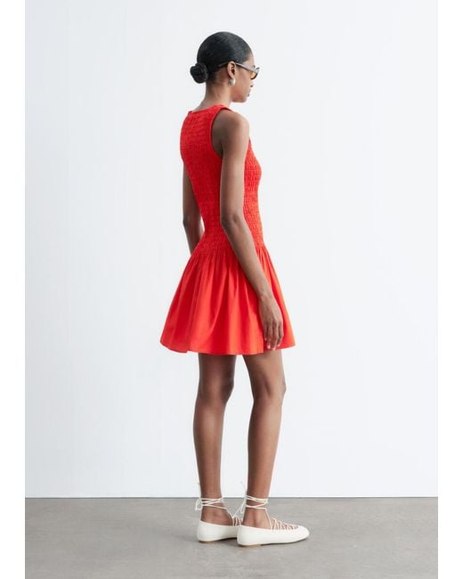 & Other Stories Red Smocked Cotton Poplin Mini Dress