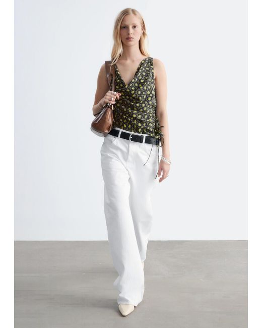 & Other Stories Green Printed Drawstring Silk Top