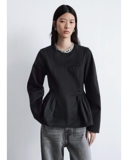 & Other Stories Black Cotton Peplum Top