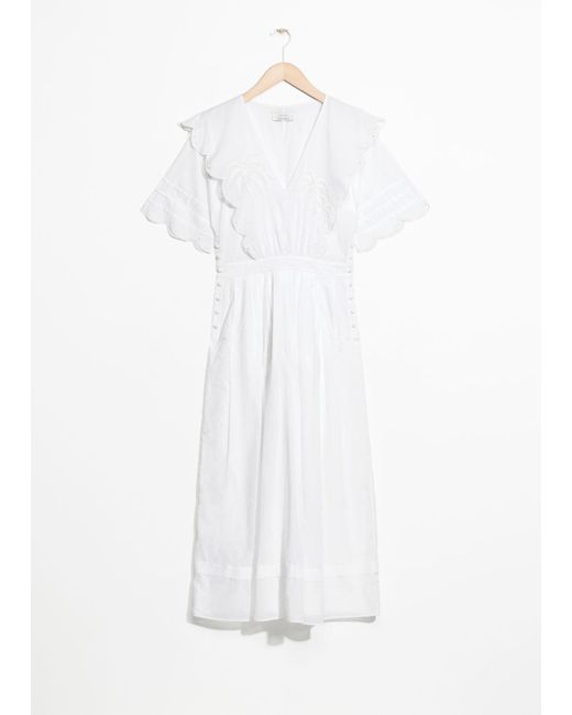 & Other Stories White Palm Embroidered Scallop Dress