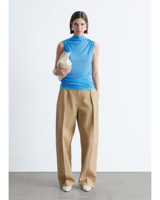 & Other Stories Blue Ruched Mock-Neck Top