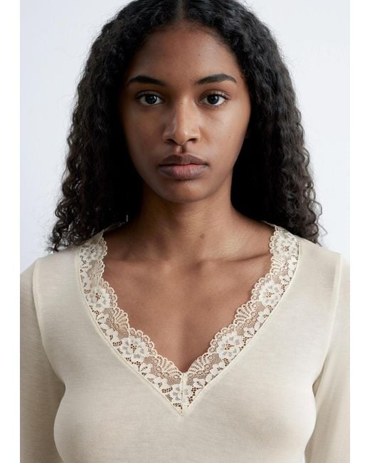 & Other Stories Gray Lace-Trimmed V-Neck Top