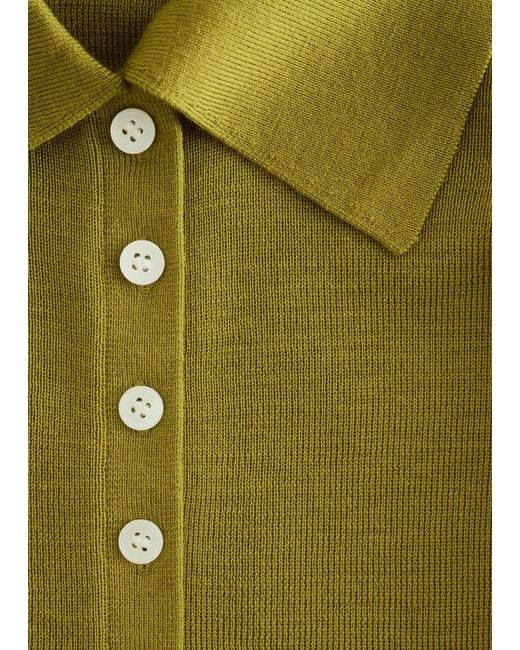 & Other Stories Green Rib-Knit Merino Wool Polo Top
