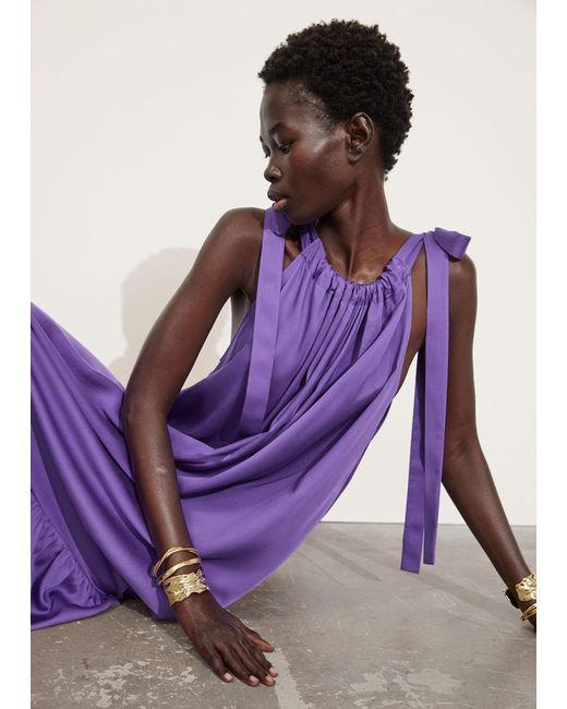 & Other Stories Purple Gathered Sleeveless Midi Dress