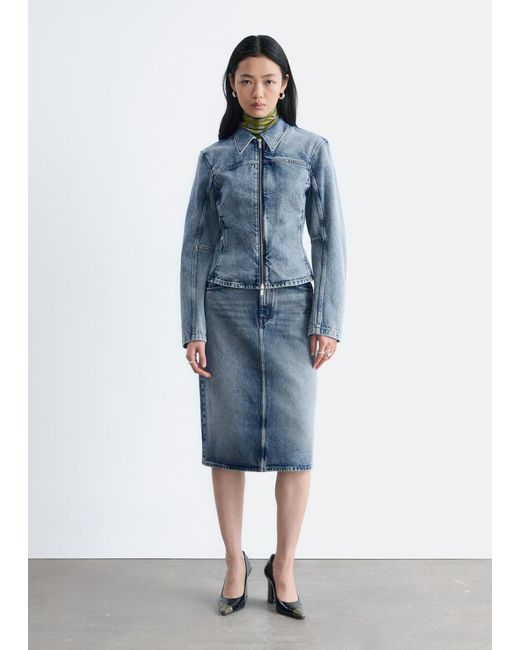 & Other Stories Blue Fitted Zip-Up Denim Jacket