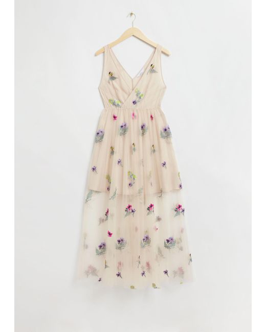 & Other Stories Natural Embellished Gathered Tulle Dress