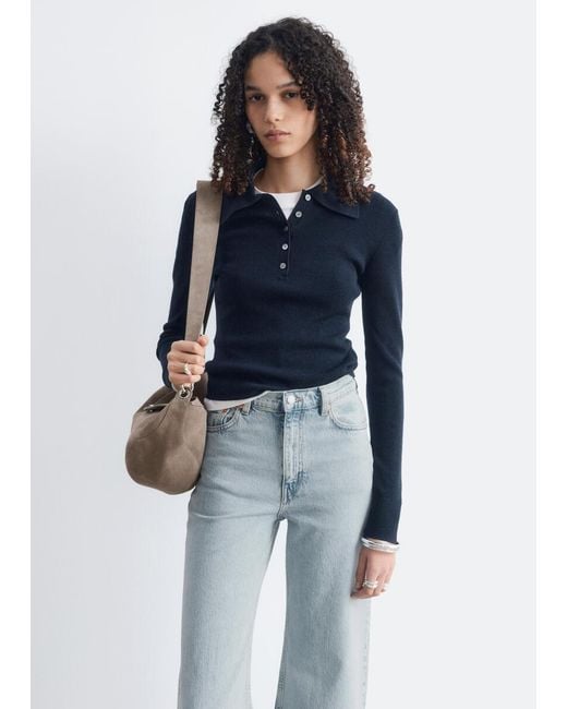 & Other Stories Blue Rib-Knit Merino Wool Polo Top