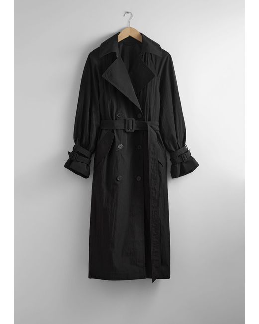& Other Stories Black Crinkle-effect Trench Coat