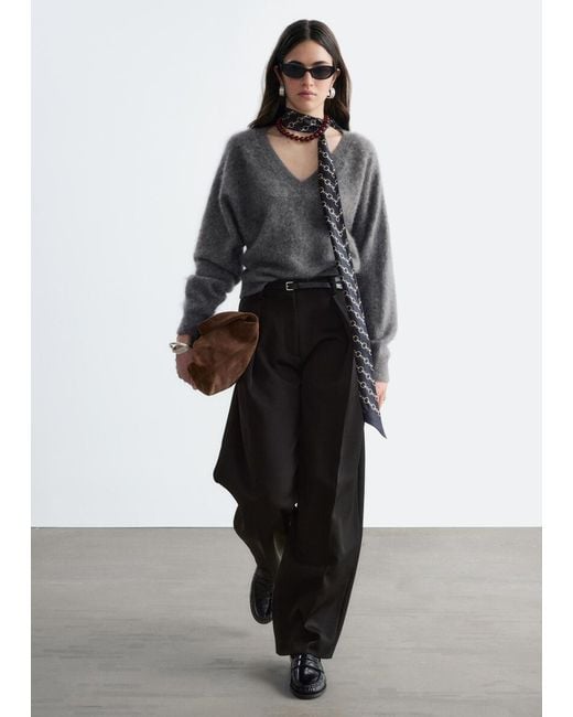 & Other Stories Gray Brushed Cashmere V-Neck Jumper
