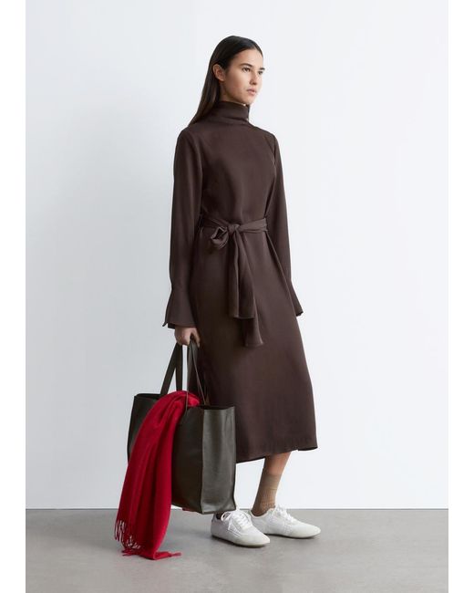 & Other Stories Brown Scarf-Neck Midi Dress