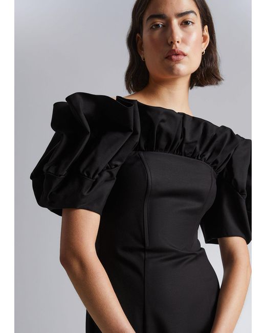 & Other Stories Black Ruffled Off-shoulder Midi Dress